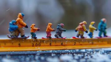 Miniature snowboarders of varying sizes riding down a ruler in a snowy landscape, playful scene photo