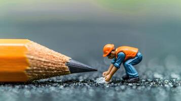 Miniature construction worker examining debris near a large pencil on a textured surface photo