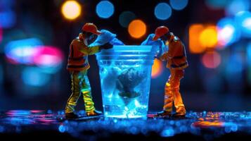 Miniature figures cleaning a glowing cup in a vibrant urban setting with blurred lights photo