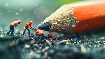 miniatura trabajadores afilado un gigante lápiz en medio de virutas en un borroso verde antecedentes foto