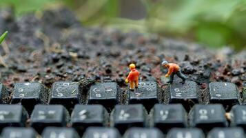 Miniature figures working on a dusty keyboard in a lush, overgrown environment, showcasing nature's reclaiming photo