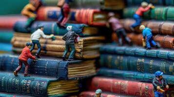 Miniature figures climbing a stack of vintage books in a colorful library setting photo