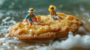 Miniature figures relaxing on a cookie-like island amidst ocean waves, evoking summer fun photo