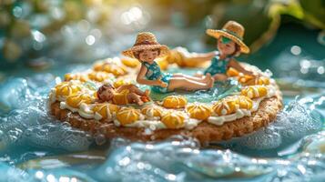 Two miniature figures in swimsuits enjoying a sunny day on a cookie pool surrounded by bubbles photo
