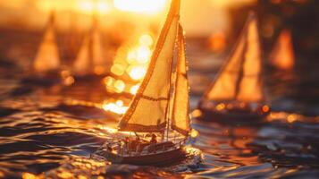 Miniature sailboats gracefully gliding across shimmering water at sunset, creating a tranquil scene photo