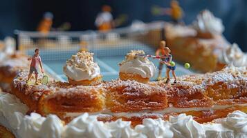 Miniature tennis players on a cake celebrating a match, with a court and spectators in the background photo