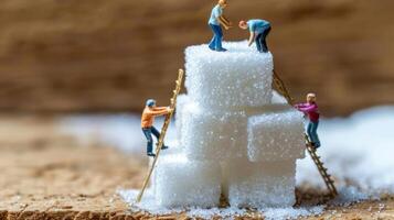 Miniature figures constructing a sugar cube pyramid on a wooden surface, showcasing teamwork photo