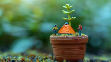 Miniature hikers set up a tent in a potted plant, surrounded by lush greenery and tranquility photo