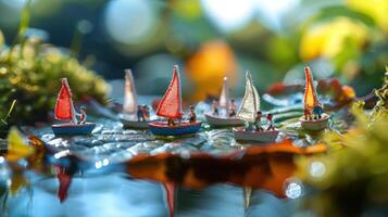 Miniature sailboats with colorful sails navigating through a serene pond surrounded by autumn leaves photo