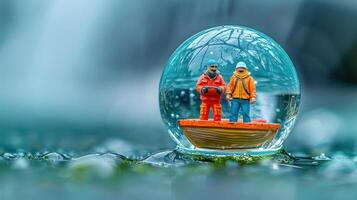Miniature fishermen in a bubble boat on water, with a waterfall in the background photo