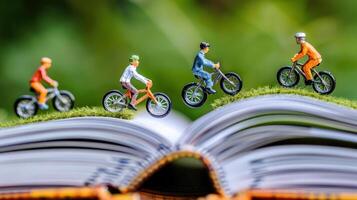 Miniature cyclists navigating a book landscape, symbolizing adventure and imagination in nature photo