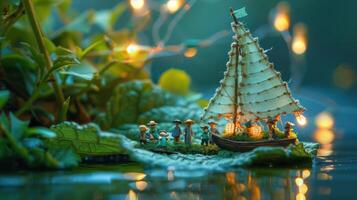 Miniature boat sailing on a serene water surface surrounded by lush greenery and glowing lights photo