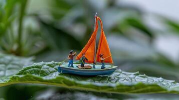 Miniature fishermen on a vibrant green leaf sail towards a lush background in nature photo