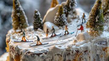 Miniature skiers navigating a snowy cake landscape with trees and mountains in the background photo