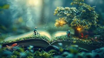 Miniature cyclists navigating a vibrant forest scene atop an open book, surrounded by glowing flora photo