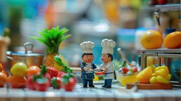 Two chef figurines interact joyfully in a vibrant kitchen filled with fresh fruits and cooking tools photo