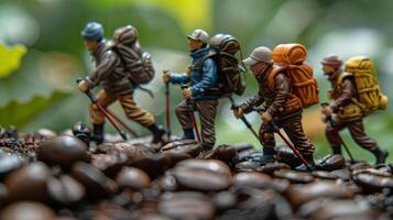 Miniature hikers trekking over coffee beans amidst lush greenery, capturing adventure and exploration photo