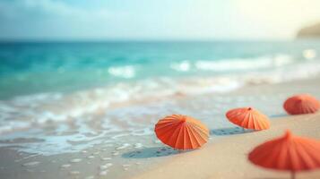 Colorful beach scene with orange umbrellas on sand, gentle waves and serene ocean backdrop photo