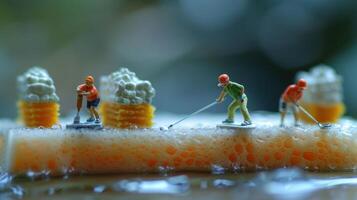 Miniature workers cleaning a sponge with bubbles, showcasing a playful scene of maintenance photo