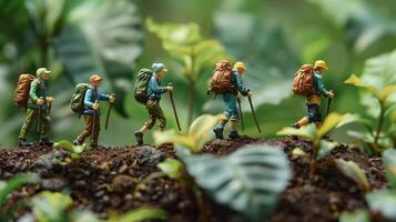 Miniature hikers trekking through lush greenery, showcasing adventure and exploration in nature photo