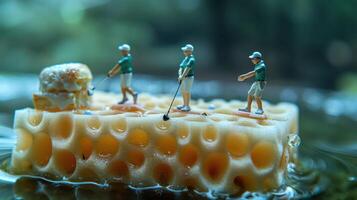 Miniature golfers play on a sponge floating in water, surrounded by a serene natural backdrop photo