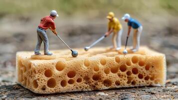 Miniature golfers play on a sponge, showcasing a unique golfing scene in an outdoor setting photo