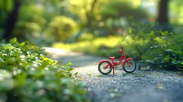 A vibrant red bicycle parked on a sunlit path surrounded by lush greenery in a serene park photo