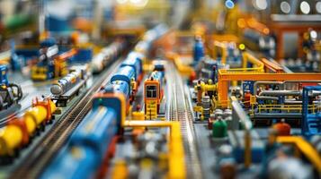 Miniature model of a bustling industrial railway scene with colorful trains and equipment photo