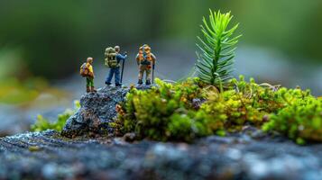 Miniature hikers exploring a mossy rock landscape with a small tree in a serene forest setting photo