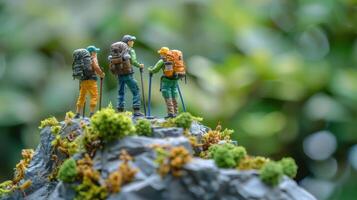 Miniature hikers navigating a rocky terrain with lush greenery in the background, showcasing adventure photo