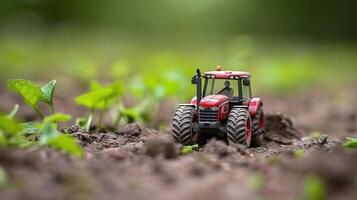 Miniature red tractor navigating through freshly tilled soil with young green plants sprouting nearby photo