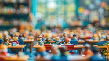 Miniature classroom scene filled with diverse figures engaged in learning activities. Background features colorful bookshelves and bright windows photo