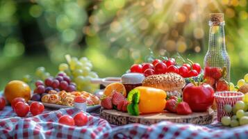 Colorful picnic spread featuring fresh fruits, vegetables, and snacks on a checkered tablecloth outdoors photo
