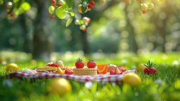 A vibrant picnic scene featuring an array of fruits and desserts on a checkered blanket in a sunny park photo