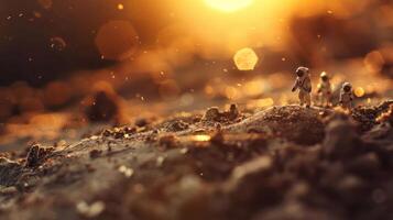 Miniature astronauts exploring a surreal landscape at sunset, with soft bokeh and glowing particles photo