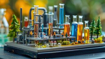 Miniature laboratory scene depicting scientists experimenting with colorful liquids amidst greenery photo