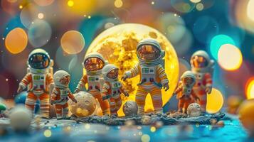 Group of toy astronauts exploring a lunar landscape under a glowing moon with colorful bokeh photo