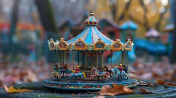 Colorful carousel with playful horses in a park surrounded by autumn leaves and blurred playground photo