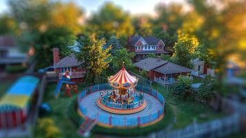 A vibrant carousel spins joyfully in a park surrounded by lush greenery and houses photo