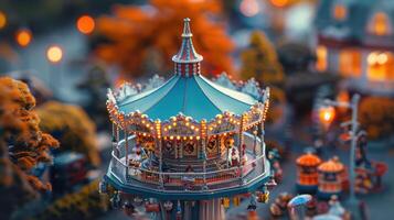Colorful carousel in a vibrant miniature park setting, with warm lights and blurred background photo