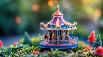 Colorful miniature carousel surrounded by vibrant greenery and festive decorations at dusk photo