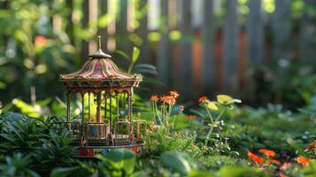 A vibrant garden scene featuring a colorful carousel surrounded by blooming flowers and greenery photo