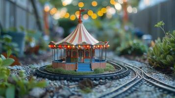 A whimsical miniature carousel illuminated at dusk with soft bokeh lights in the background photo