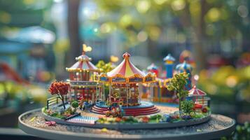 Colorful miniature carousel in a vibrant park setting with playful figures and lush greenery photo