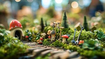 Enchanted miniature garden with mushrooms, tools, and a whimsical house in a vibrant setting photo