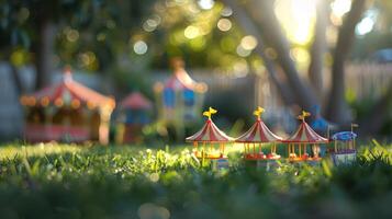 Miniature carnival scene with colorful tents and carousel, set in a sunlit garden photo