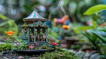 Miniature carousel surrounded by vibrant flowers in a lush garden setting, showcasing intricate details photo
