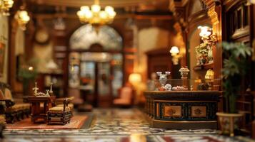 Elegant miniature hotel lobby with ornate furnishings, detailed decor, and ambient lighting photo