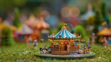 Colorful miniature carousel in a vibrant fairground setting, surrounded by playful attractions and greenery photo