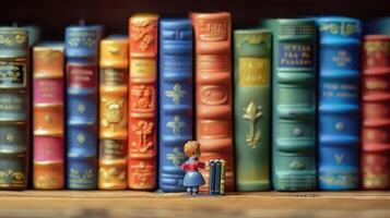 Miniature figure organizing colorful books on a shelf in a cozy library setting photo